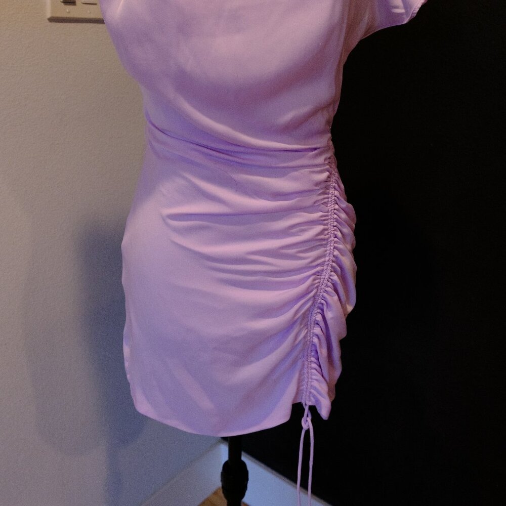 Zara lilac ruched drawstring mini dress with asymmetrical sleeves - S - Picture 2 of 7